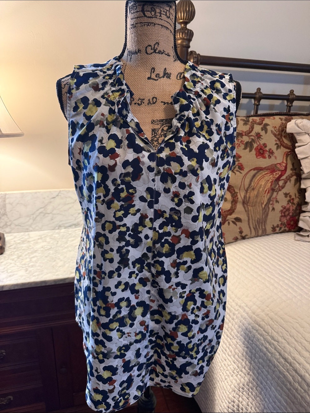 CAbi Sleeveless Ruffle V-Neck Tank in Navy, Olive & Rust Floral